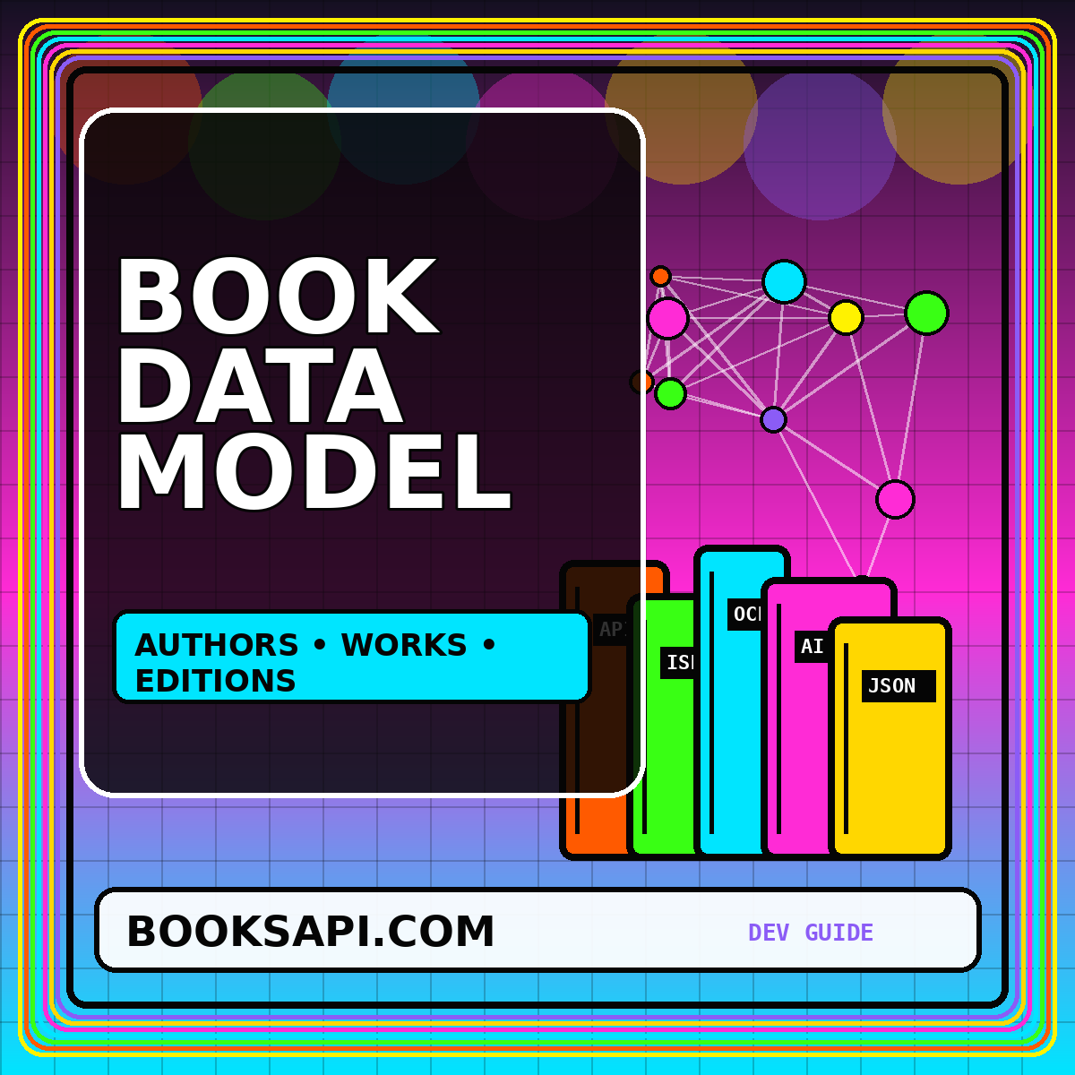 Neon book metadata data model card showing authors, works, editions, and covers