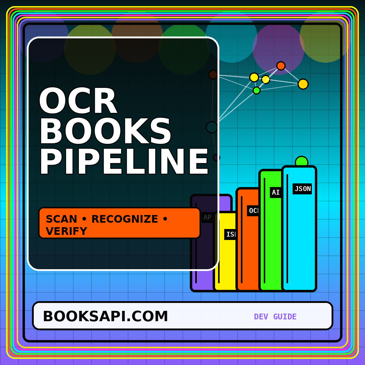 Neon OCR books pipeline card with scanner lines, pages, and searchable text